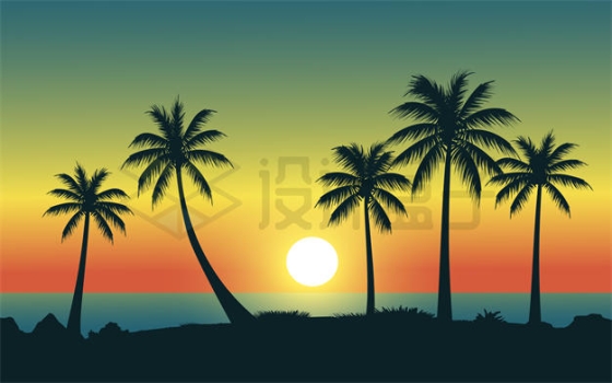 夕阳或清晨日落或日出时海边的太阳和椰树剪影插画8596856矢量图片免抠素材下载
