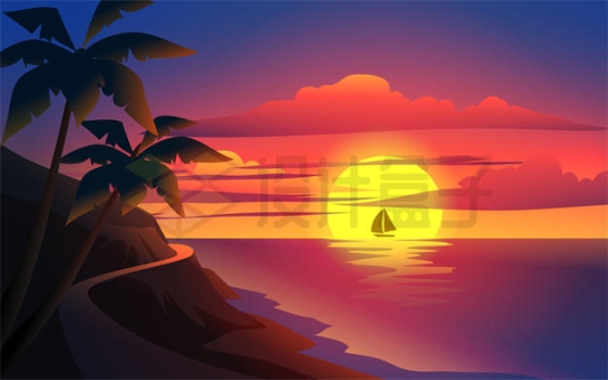 夕阳或清晨日落或日出时海边的太阳和云彩插画8280574矢量图片免抠素材下载
