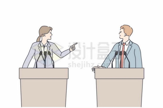 2个演讲台上争锋相对的辩论辩手手绘线条插画9012383矢量图片免抠素材