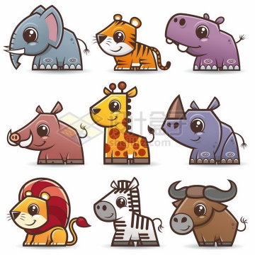 大象老虎河马野猪长颈鹿犀牛狮子斑马水牛等可爱卡通动物png图片免抠素材