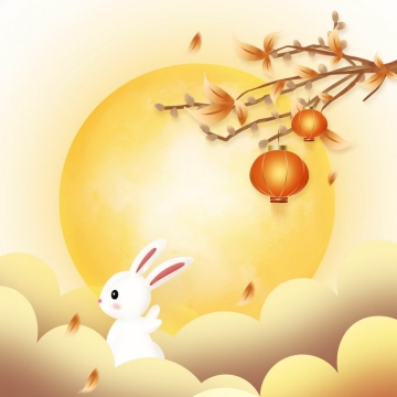 中秋节黄色月亮和桂花枝头上的大红灯笼玉兔9577340免抠图片素材