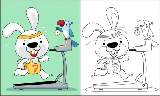 在跑步机上的卡通兔子和鹦鹉简笔画图片免抠素材