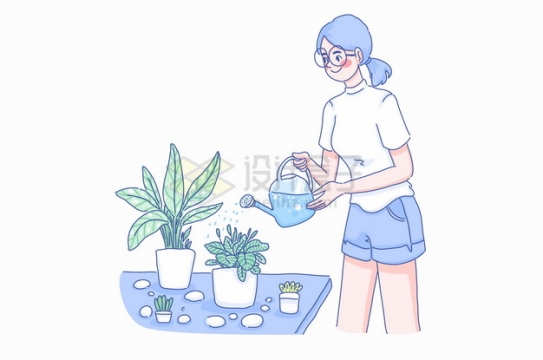 卡通女孩拿着浇水壶给盆栽浇水彩绘插画png图片素材