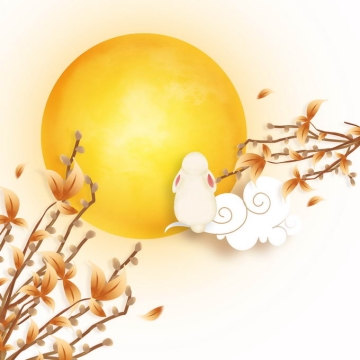 中秋节黄色月亮桂花枝头和玉兔背影9916084免抠图片素材