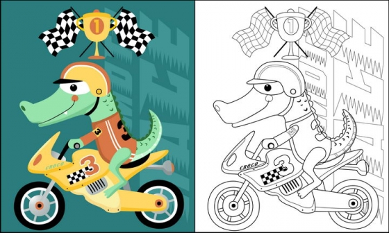 骑摩托车的卡通鳄鱼简笔画图片免抠素材
