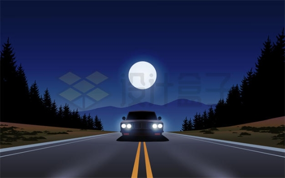 夜晚月亮月光下公路上行驶的汽车插画4101803矢量图片免抠素材下载