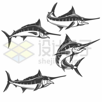 4条剑鱼旗鱼海洋鱼类黑白色手绘插画7521310矢量图片免抠素材免费下载