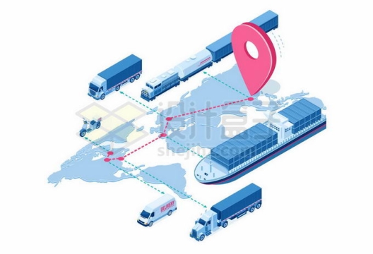 2.5D风格世界地图上的集装箱货轮火车卡车等象征了全球贸易线路网络2603229矢量图片免抠素材