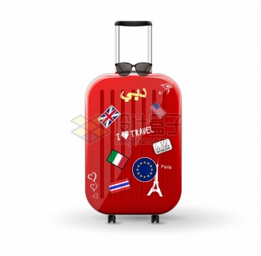 贴满国旗的红色行李箱拉杆旅行箱png图片免抠矢量素材