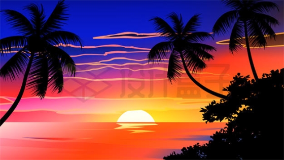 夕阳或清晨日落或日出时海边的太阳和云彩椰树剪影插画8270253矢量图片免抠素材下载