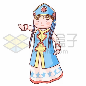 Q版卡通蒙古族少女蓝色传统服饰少数民族png图片免抠素材