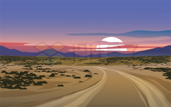 夕阳或清晨日落或日出时沙漠草原风景插画4371717矢量图片免抠素材下载