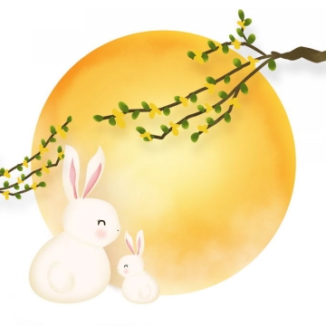 中秋节的桂花枝头大大的黄色月亮和可爱的玉兔7509556免抠图片素材