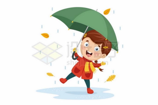 秋天下雨天打伞撑伞的卡通女孩7438882矢量图片免抠素材