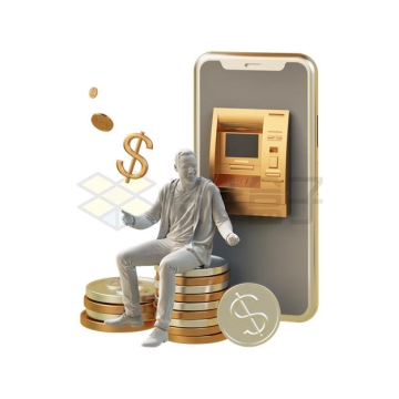 投资者坐在金币上和ATM取款机3D模型8584066PSD免抠图片素材