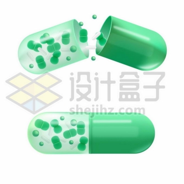 打开的绿色胶囊中的微生物微胶囊药物分子3512277矢量图片免抠素材