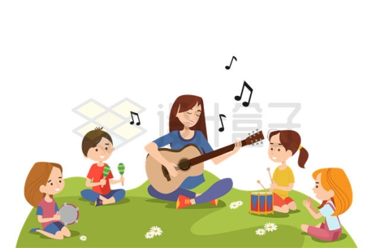 卡通老师和学生一起坐在草地上弹奏乐器6375989矢量图片免抠素材