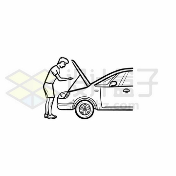 男人打开汽车引擎盖维修汽车手绘线条插画9120903矢量图片免抠素材免费下载