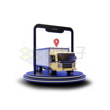 蓝色圆形展台上的手机送货卡车物流快递3D模型7843817PSD免抠图片素材