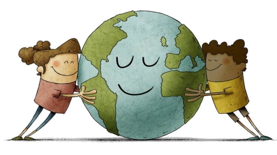 两个卡通小人儿抱着地球保护地球手绘插画png免抠图片素材
