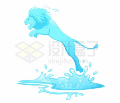 蓝色水花浪花中跳跃出来的抽象狮子效果9991623矢量图片免抠素材