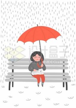 女孩撑伞坐在长椅上抱着猫咪挡雨4162781矢量图片免抠素材免费下载