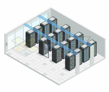 2.5D风格服务器机房中整齐的云服务器集群机柜3348184矢量图片免抠素材