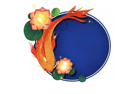 圆形蓝色池塘和莲花锦鲤鱼中国风插画5094504图片免抠素材