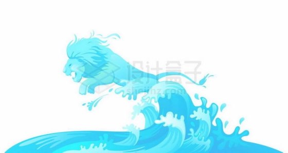 蓝色水花浪花中跳跃出来的抽象狮子效果8066510矢量图片免抠素材