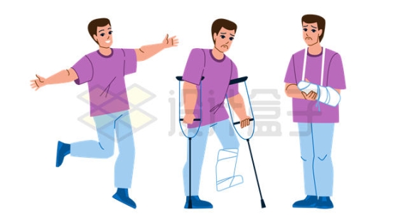 卡通健康和腿部手臂骨折受伤的男人插画6292424矢量图片免抠素材
