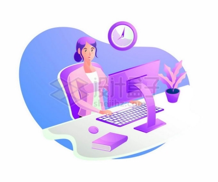 卡通女人端坐在电脑面前工作加班时间插画1698070矢量图片免抠素材