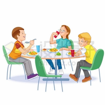 围着圆桌吃饭的卡通男孩女孩插画8939962矢量图片免抠素材