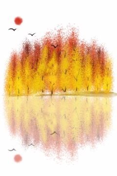 秋天金黄色的树林和倒影风景水彩插画545111png图片素材