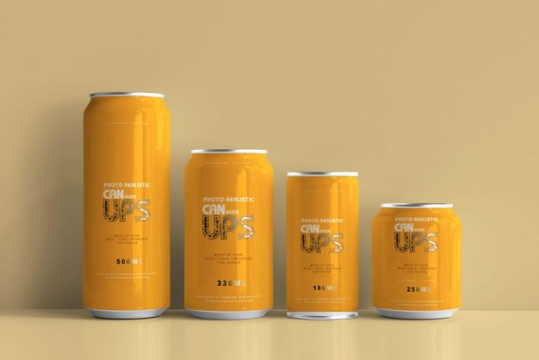 四款橙色不同容量易拉罐饮料包装显示样机635313PSD免抠图片素材