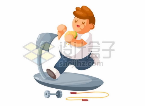 卡通胖子一边在跑步机上健身减肥一边吃汉堡2535758矢量图片免抠素材