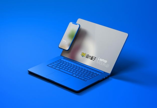 很有设计感的蓝色笔记本电脑和手机显示样机2853412免抠图片素材