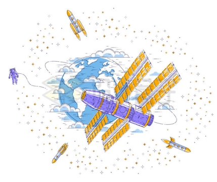 卡通风格围绕地球的宇宙飞船空间站和出仓活动的航天员插画6522208矢量图片免抠素材