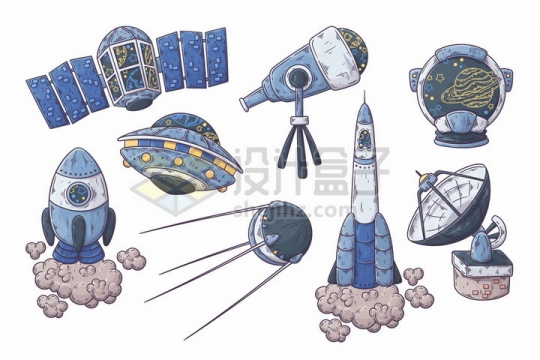 卡通人造卫星火箭飞碟天文望远镜等天文探测设备png图片免抠矢量素材