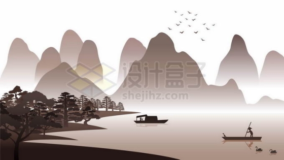 中国水墨画风格远山和湖泊风景5446984矢量图片免抠素材免费下载