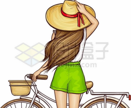 戴着草帽的女孩子扶着自行车的美丽背影3087137矢量图片免抠素材