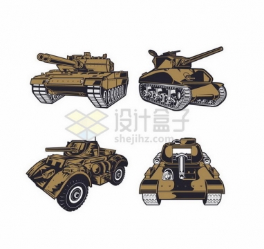 4款手绘漫画风格3D坦克png图片免抠矢量素材