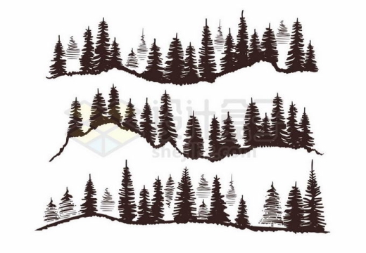 远处山顶上的雪松森林线条手绘插画7092718矢量图片免抠素材