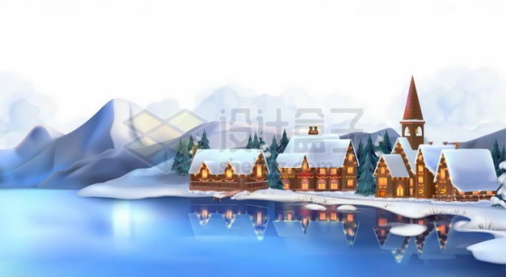 结冰的湖面旁边的大山和卡通房子风景6855013矢量图片免抠素材
