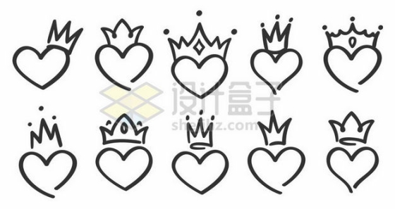 十款手绘风格戴着皇冠的心形图案9829715png图片免抠素材