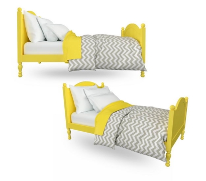 黄色的木床单人床儿童床盖上被子和枕头556807免抠图片素材