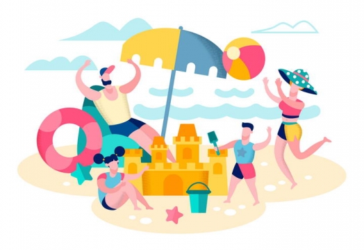 扁平插画风格在沙滩上玩耍的一家四口夏日旅游配图图片免抠素材