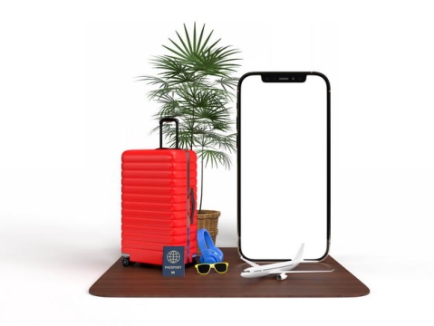 手机显示样机和旅行箱绿色观赏植物等热带旅游元素3324058免抠图片素材