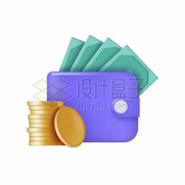 卡通金币和紫色钱包钱夹子3D模型5114752矢量图片免抠素材