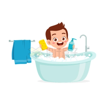 卡通小男孩坐在浴盆中洗澡4280564矢量图片免抠素材