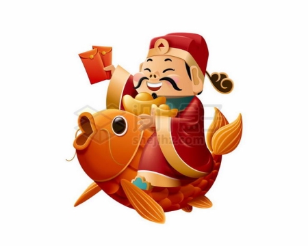 卡通财神爷骑在红鲤鱼上发红包新年春节元素7884478矢量图片免抠素材
